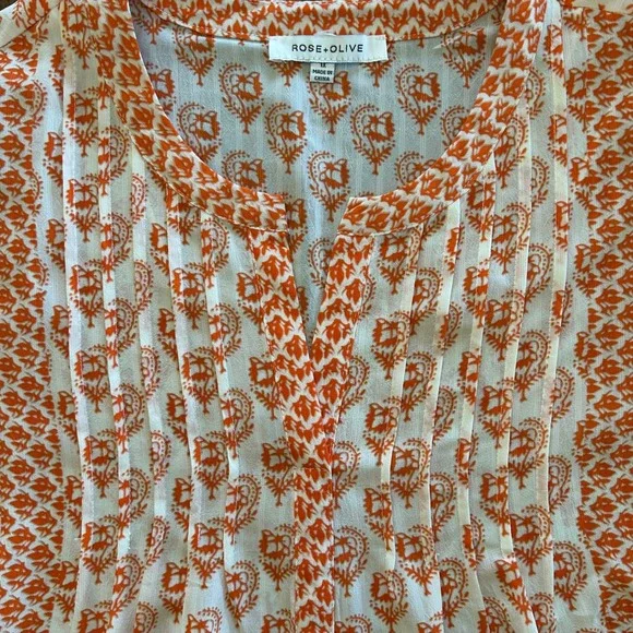 Rose + Olive Womens Orange White Paisley Pintuck Boho Tunic Blouse Top Size 1X - Picture 2 of 13